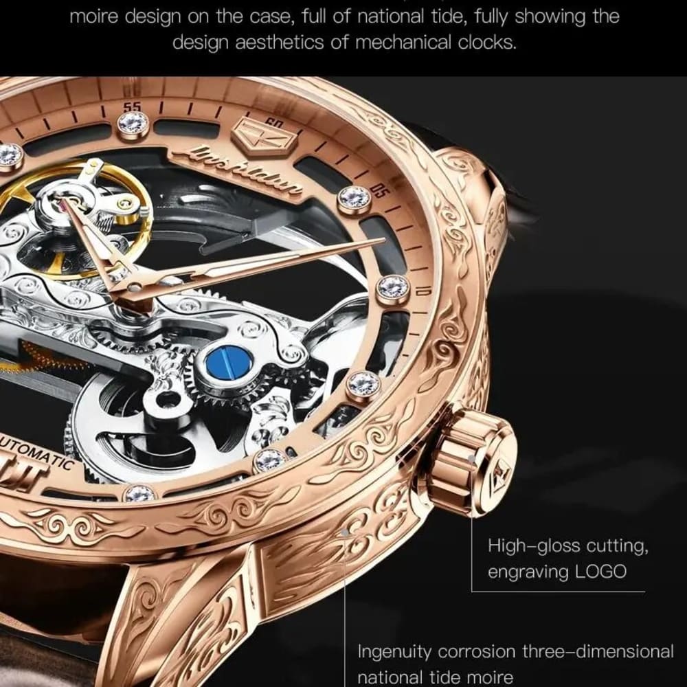 JSDUN Rose Gold Skeleton Luxury Men Automatic Watch